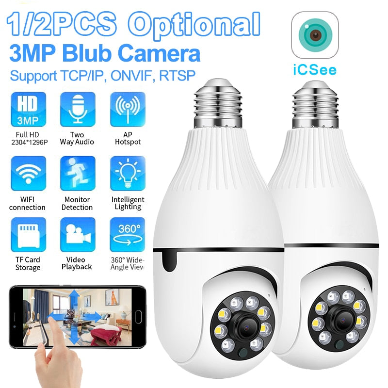 New 3MP Wifi IP Surveillance Bulb Camera Outdoor 4X Digital Zoom AI Human Detect Wireless Monitor H.265 Audio Security CCTV Cam