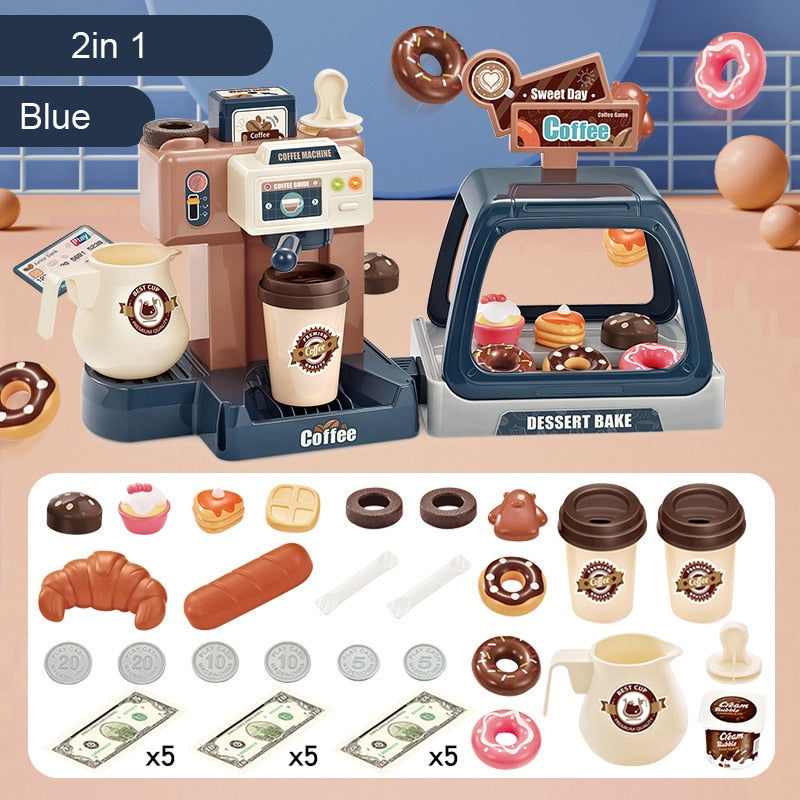 Kids Coffee Machine Toy Set Kitchen Toys Simulation Food Bread Coffee Cake Pretend Play Shopping Cash Register Toys For Children
