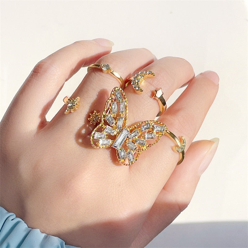 5Pcs/10Pcs Imitation Pearl Leaf Flower Rings Set For Women Rhinestone Butterfly Finger Ring Metal Knuckle Finger Ring Jewelry