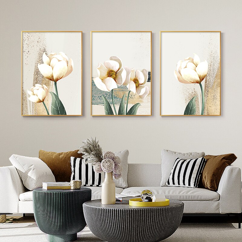 Modern Plant Leafs Flower Canvas Painting Golden Luxury Abstract Wall Art Posters And Prints Wall Pictures For Living Room Decor