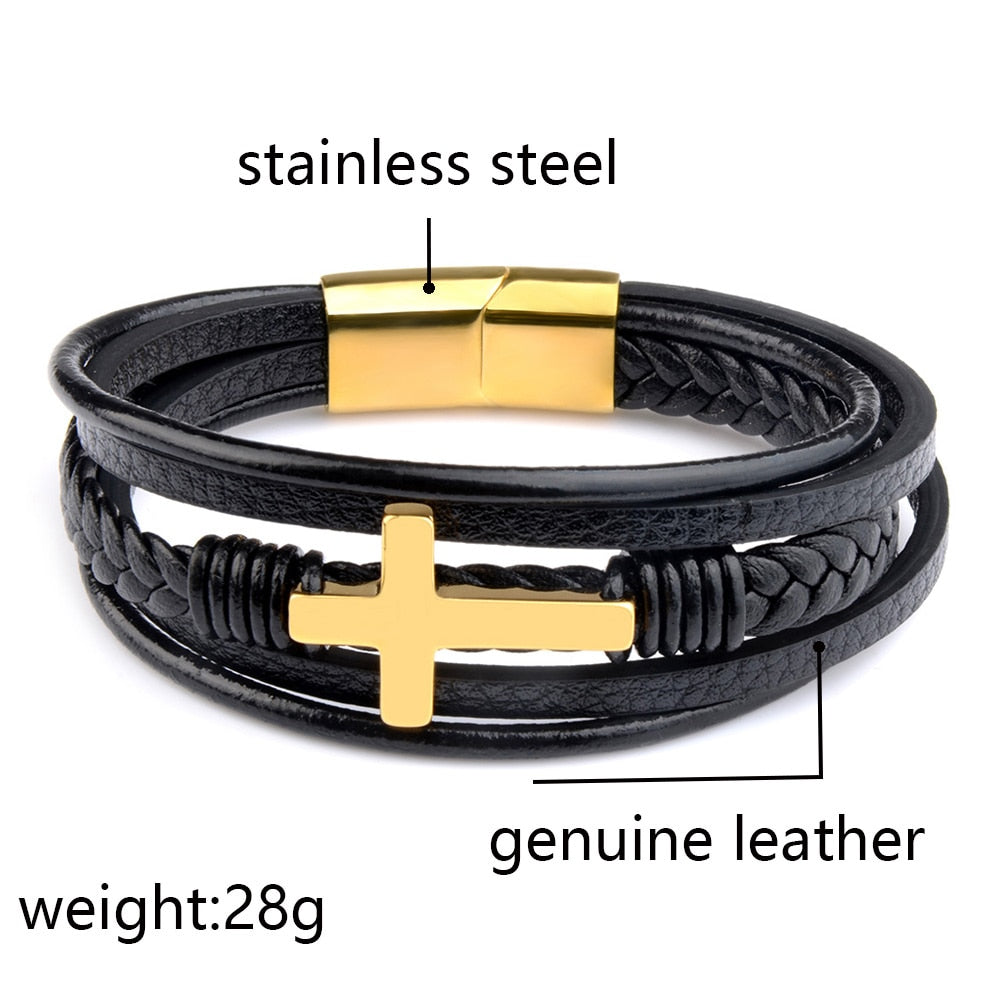 Classic Design Cross Bracelets Men Genuine Leather Stainless Steel Magnet Clasp Charms Hand Bracelet Homme Men&#39;s Christmas Gifts