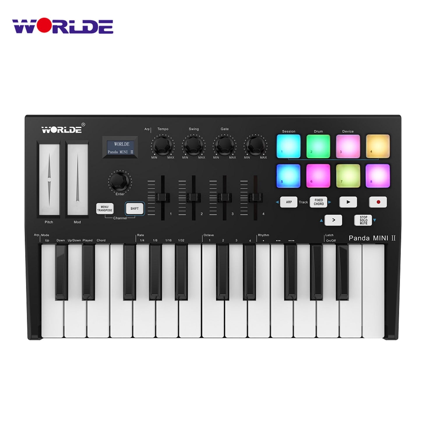 WORLDE Panda MINI II 25-Key USB MIDI Keyboard Controller USB MIDI Controller with 8 RGB Backlit Trigger Pads with RGB backlit