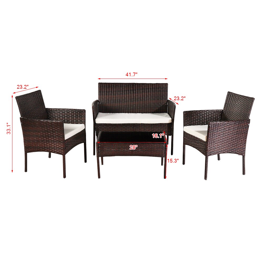 Outdoor Living Room Balcony Patio Leisure Rattan Furniture 4-Piece Brown Including 1 Big 2 Small 3 Sofas & 1 Tea Table[US-Stock]