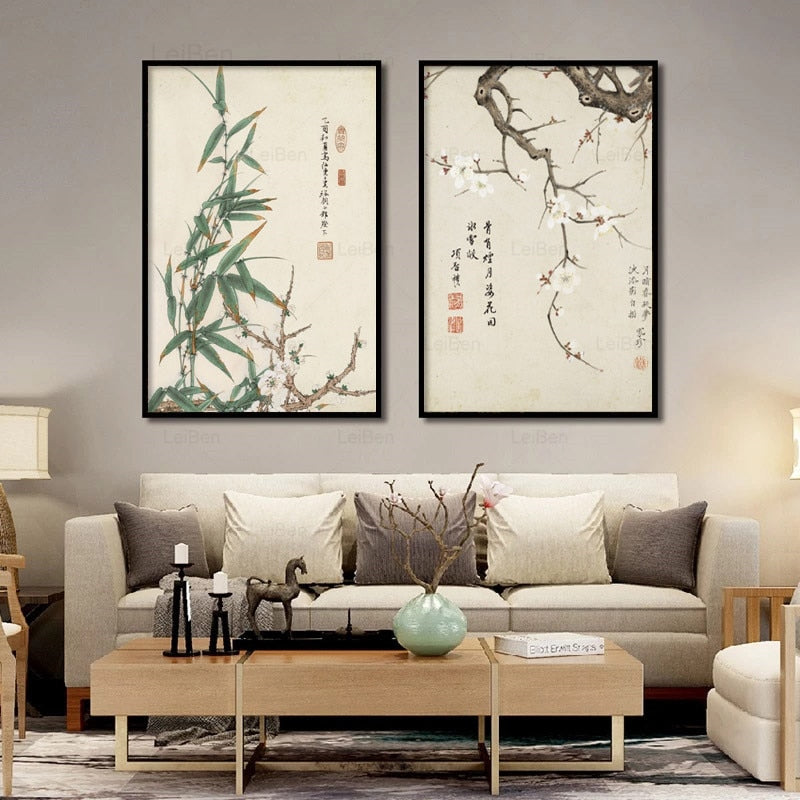 Vintage Chinese Style Meilan Bamboo And Letter Poster Print Canvas Painting Wall Art Pictures for Living Room Home Cuadros Decor