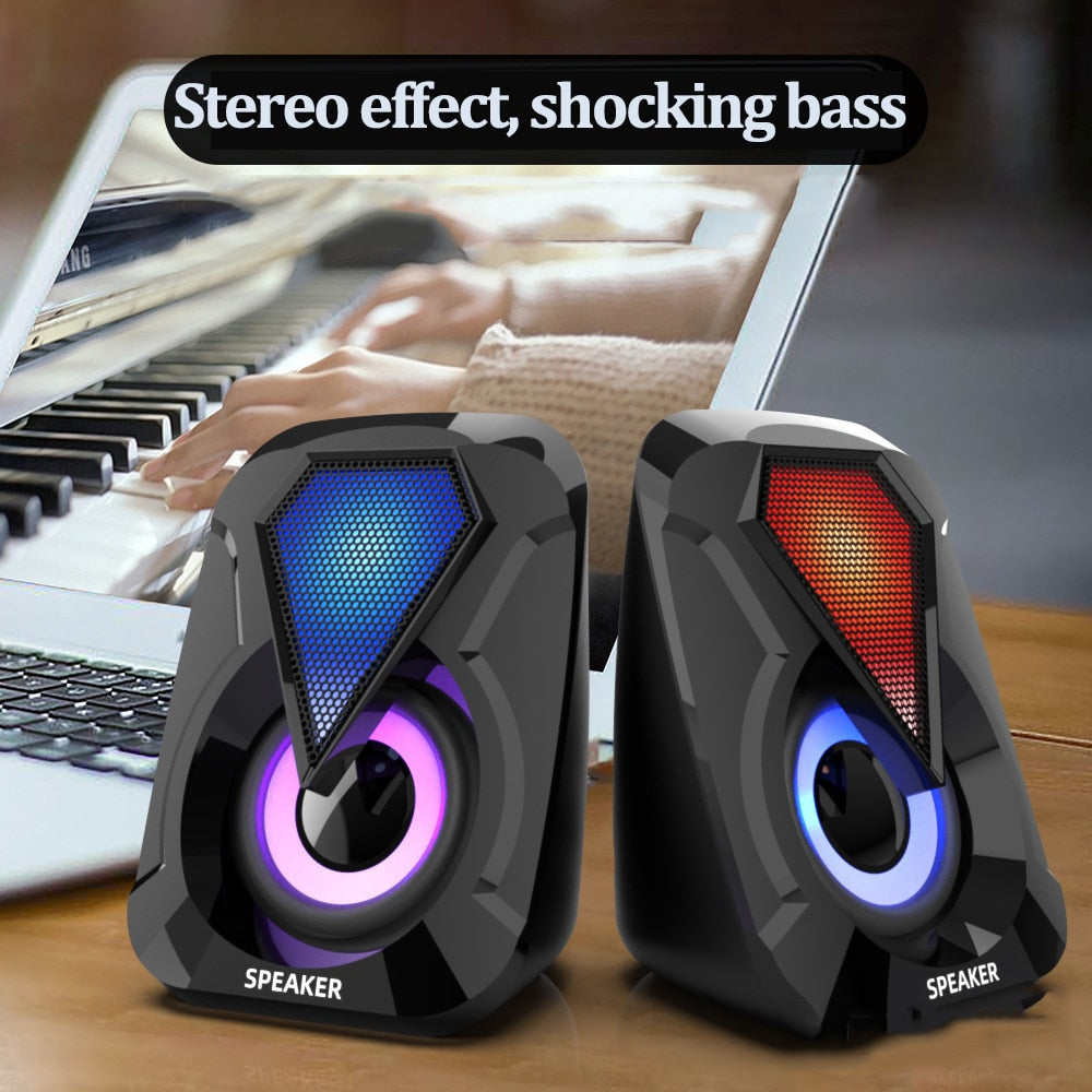 USB Wired Computer Speakers Bass Stereo Subwoofer Colorful LED Light for Laptop Smartphones MP3 Player