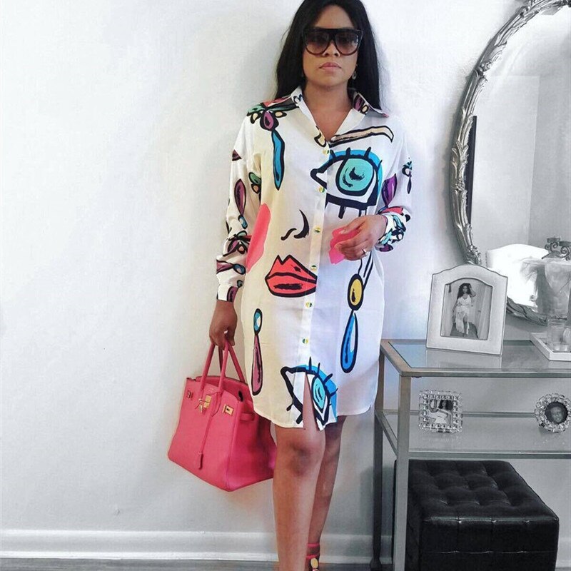 Women Casual Printed Irregular Shirt Dress Summer Fashion Oversized Printed Long Sleeve Mini Shirt Dress Women Plus Size