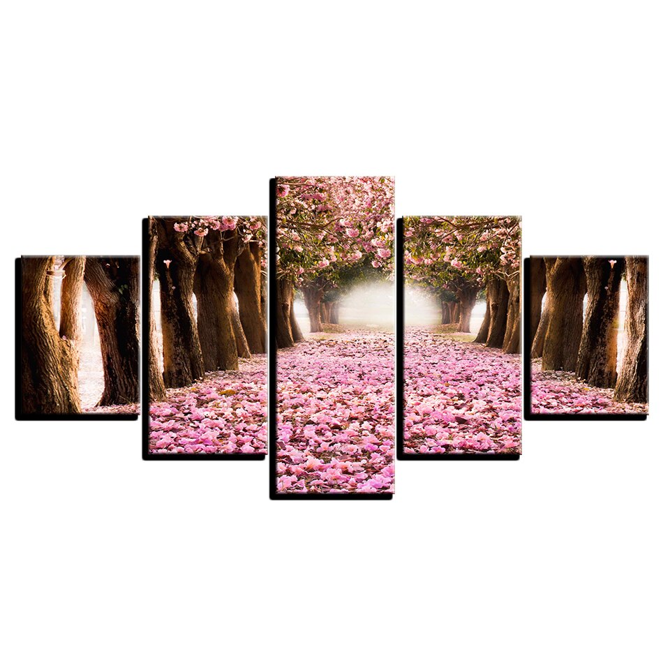 5 Pieces Cherry Blossoms Forest Path Modular Canvas Wall Art Pictures HD Prints Painting Home Decor Flowers Trees Nature Poster