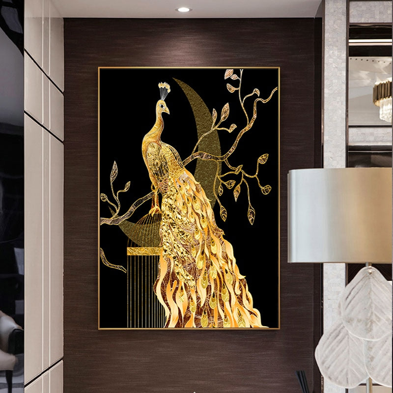 Golden Peacock Butterfly Flower Feather Bird Canvas Painting Animal Wall Art Pictures for Living Room Home Decor (No Frame)