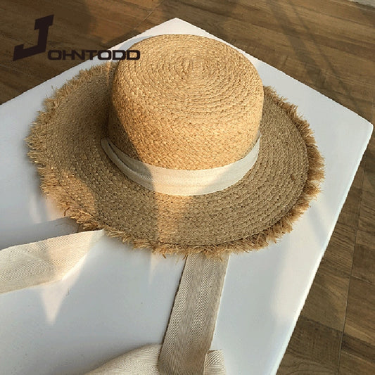 Straw Hat Women Wide Brim Sun Protection Beach Hat Black and White Ribbon Bowknot Straw Cap Casual Ladies Flat Top Panama Hat