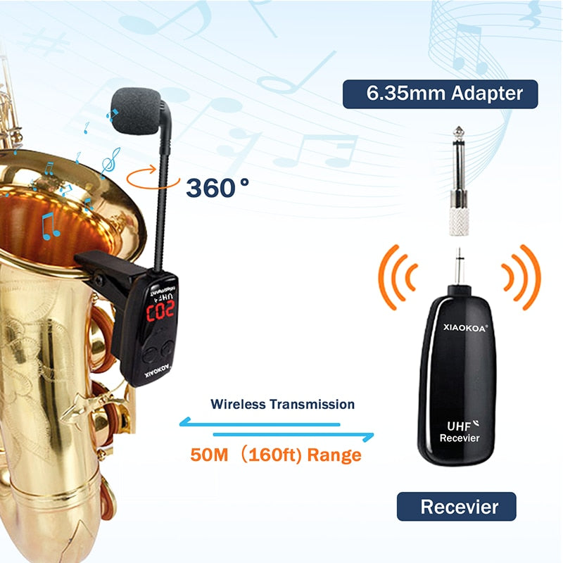 XIAOKOA UHF Wireless Instruments Saxophone Microphone Wireless Receiver Transmitter,160ft Range,Plug and Play,Great for Trumpets
