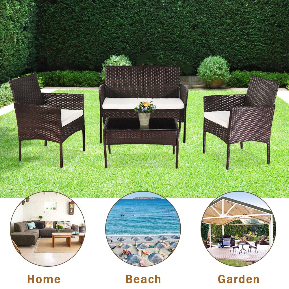 Outdoor Living Room Balcony Patio Leisure Rattan Furniture 4-Piece Brown Including 1 Big 2 Small 3 Sofas & 1 Tea Table[US-Stock]