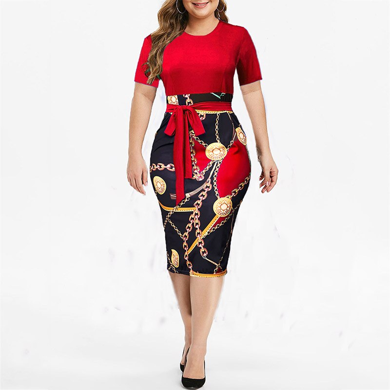 Summer formal Plus Size S-5XL Chain Print Bodycon Dress Women Clothes Short Sleeve O Neck Slim Bow Belted Midi Dresses Ladies