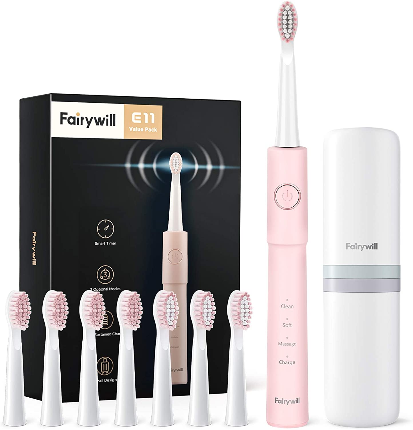 Fairywill Sonic Electric Toothbrush E11 Waterproof USB Charge Rechargeable Electric Toothbrush 8 Brush Replacement Heads Adult