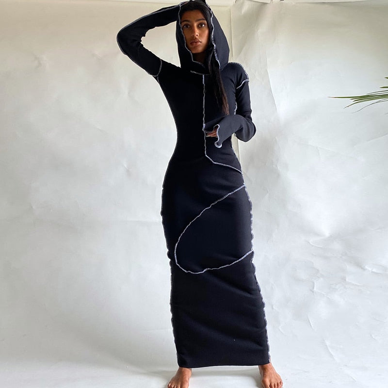 Hugcitar Long Sleeve Hooded Patchwork Skinny Maxi Dress 2021 Autumn Winter Women Fashion Streetwear Casual Outfits