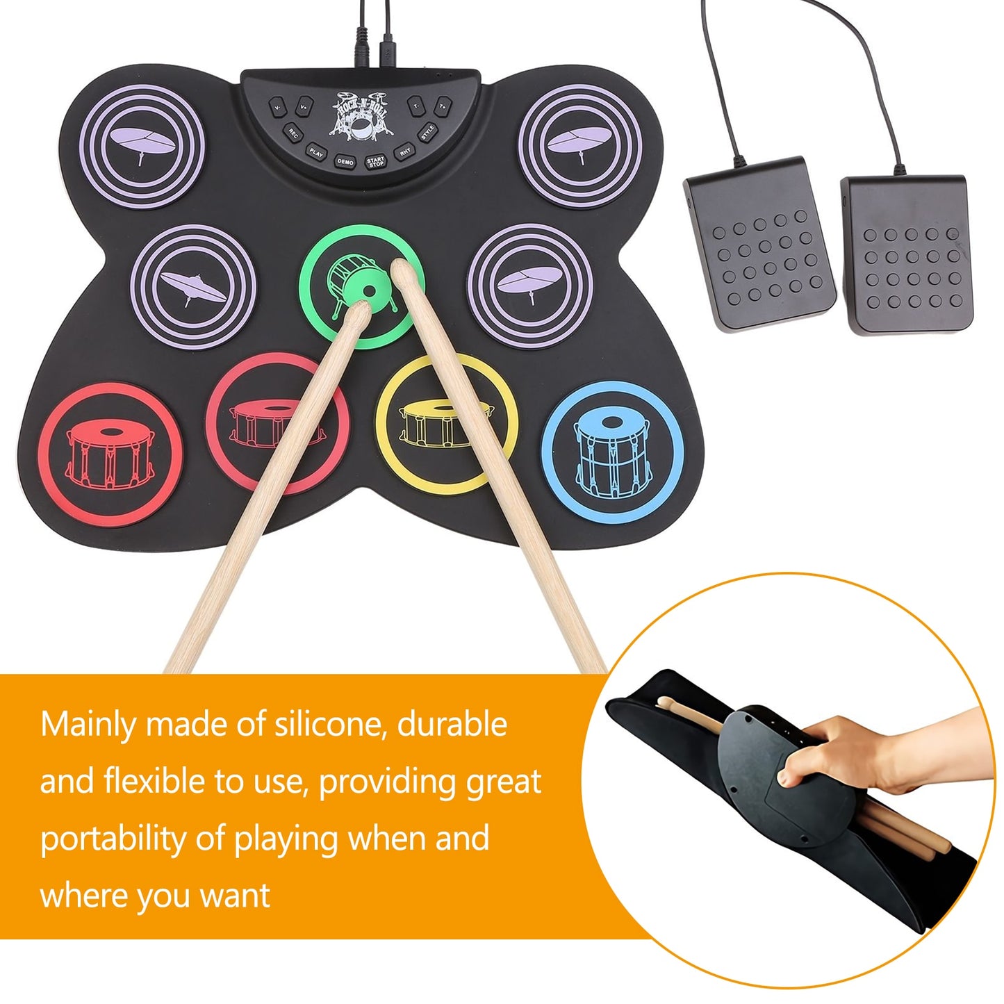 Silicone Electronic Drums Musical Instrument drum pad drum practice pad Portable Drum Kit Music drums With Drumsticks Foot Pedal