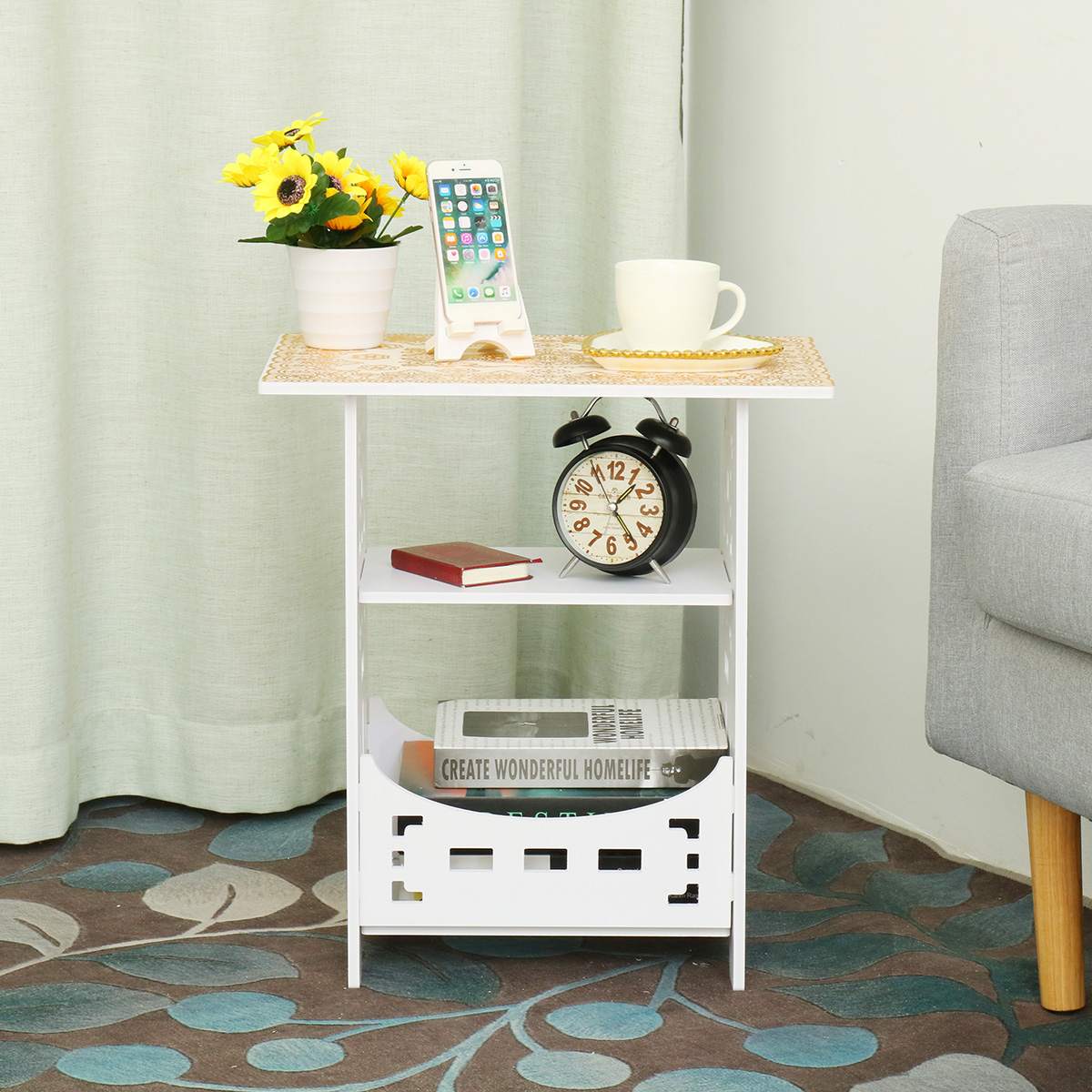 Mini Coffee Table Tea Table Desk Home Living Room Storage Rack Bedside Table Two Layers Round Edge Storage Shelf Tables