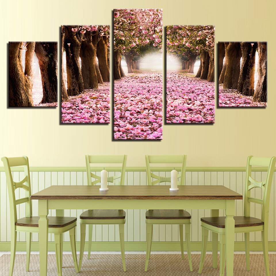 5 Pieces Cherry Blossoms Forest Path Modular Canvas Wall Art Pictures HD Prints Painting Home Decor Flowers Trees Nature Poster