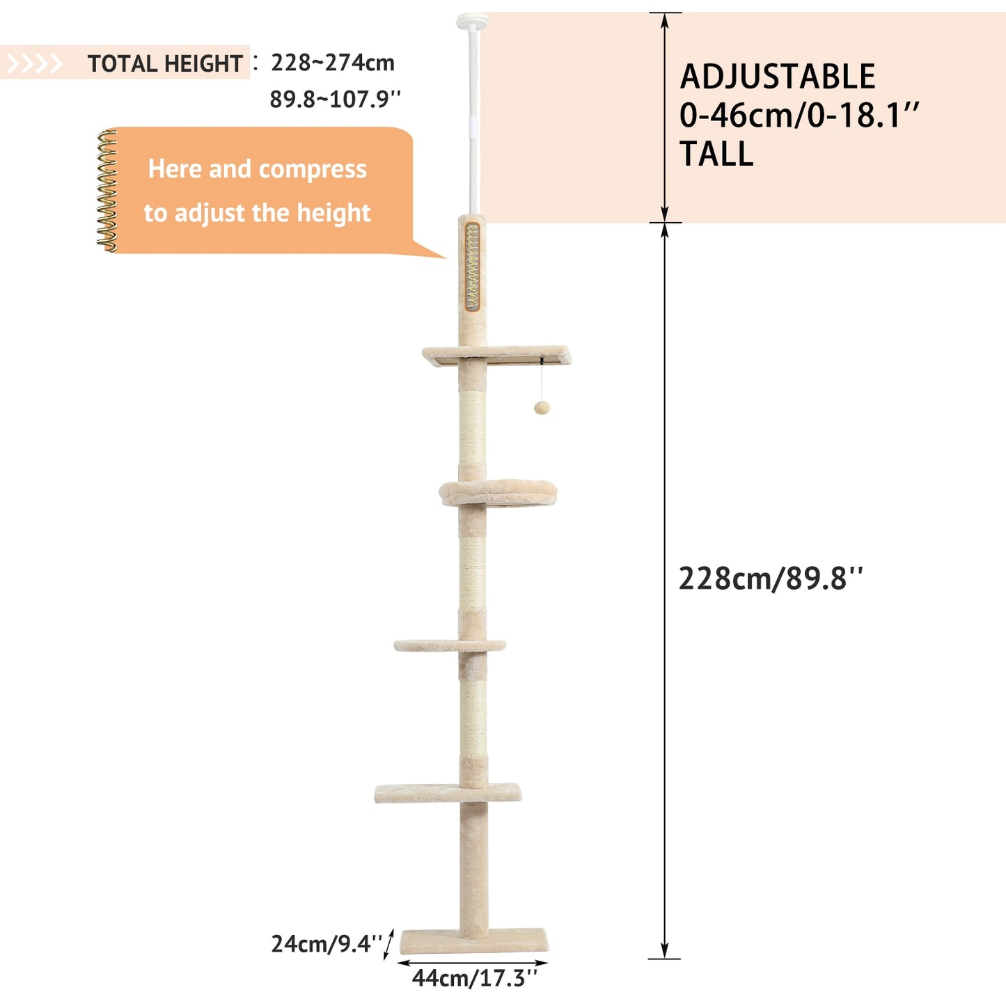 Luxury Cat Tree Tower with Cabinet Wood Adjustable Height Floor-to-Ceiling Vertical Cat Tree Post Toy rascador gato arbre à chat