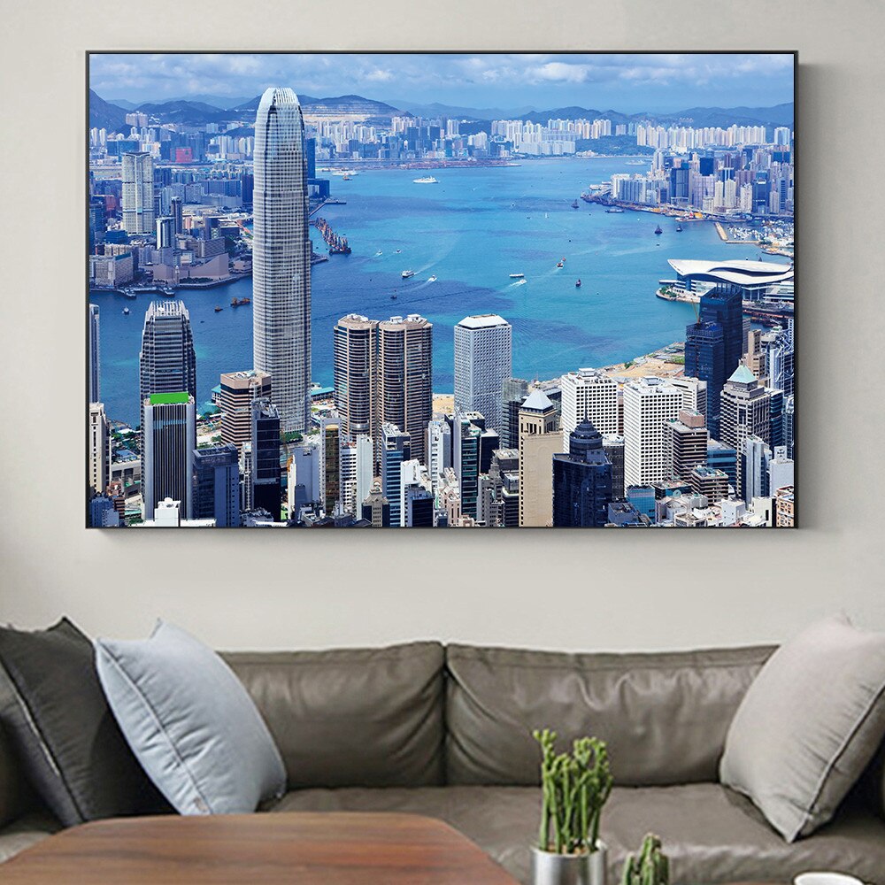 Canvas Paint World City Landscape Prints,Hong Kong ,Building,Gulf,Nordic Style Wall Poster,For Living Room Home Decor Unframed