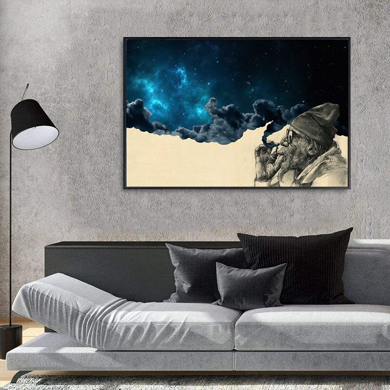 Smoking Old Man Abstract Canvas Painting Starry Night Landscape Wall Art Print Poster Decorative Picture Modern Home Decor