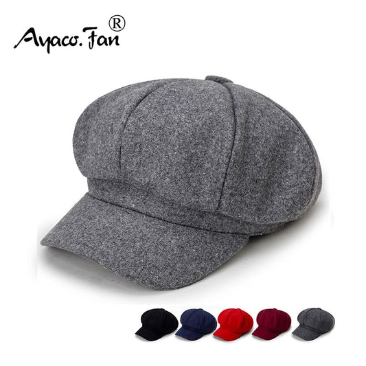 Autumn Winter Newsboy Caps Men Women Warm Woolen Solid Octagonal Hat For Male Detective Hats Retro Beanies Flat Caps chapeau