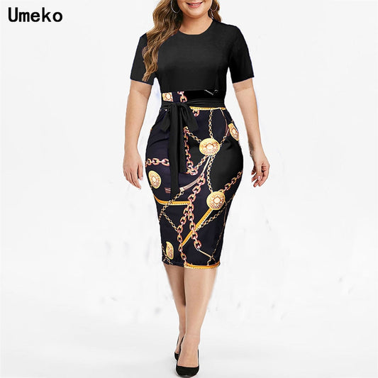 Summer formal Plus Size S-5XL Chain Print Bodycon Dress Women Clothes Short Sleeve O Neck Slim Bow Belted Midi Dresses Ladies