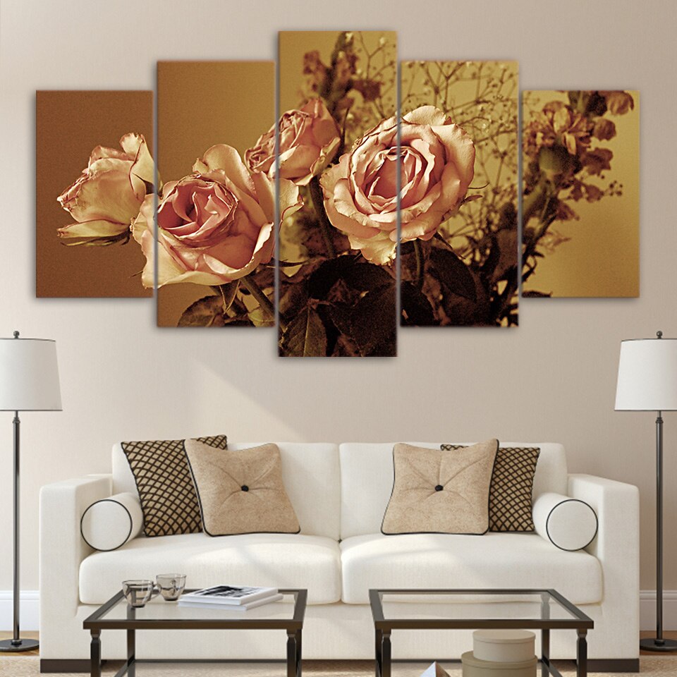 Wall Art Canvas Painting 5 Pieces Retro Rose Flower Modern HD Printed Modular Pictures Frame Living Room Home Decor Posters