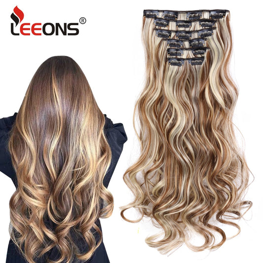 Leeons Synthetic Hair Curly Clip In Wig Extension 16 Clips In Hair Extension Hair Pieces Fake Hair Extension Synthetic 49 Colors