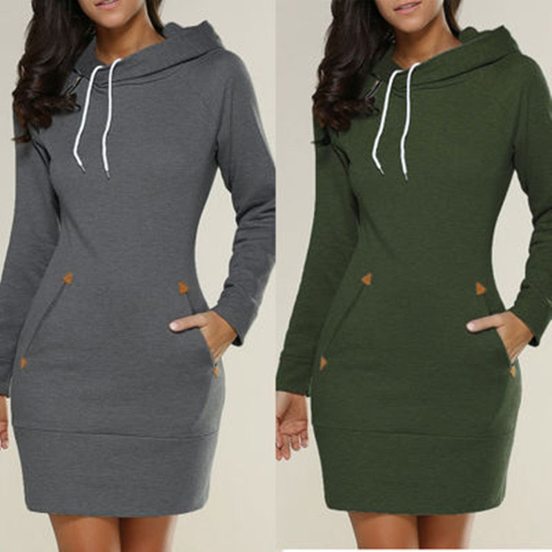 Bikoles Spring Autumn Hooded Drawstring Women&#39;s Sweatshirt Dress Fashion Solid Pocket Package Hip Ladies Mini Dresses Plus Size