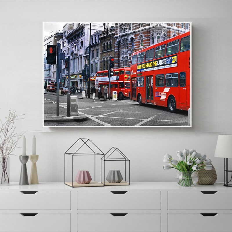 Modern England Black White Posters and Prints UK Flag and Red Bus Flat Iron Photos Wall Art Canvas Painting Pictures Home Décor