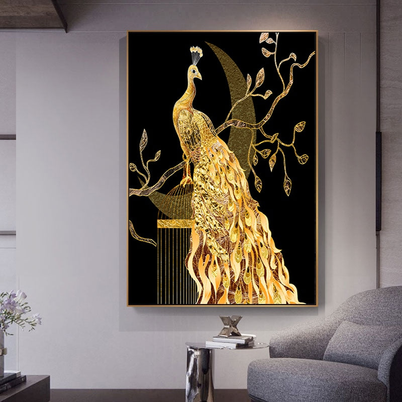 Golden Peacock Butterfly Flower Feather Bird Canvas Painting Animal Wall Art Pictures for Living Room Home Decor (No Frame)