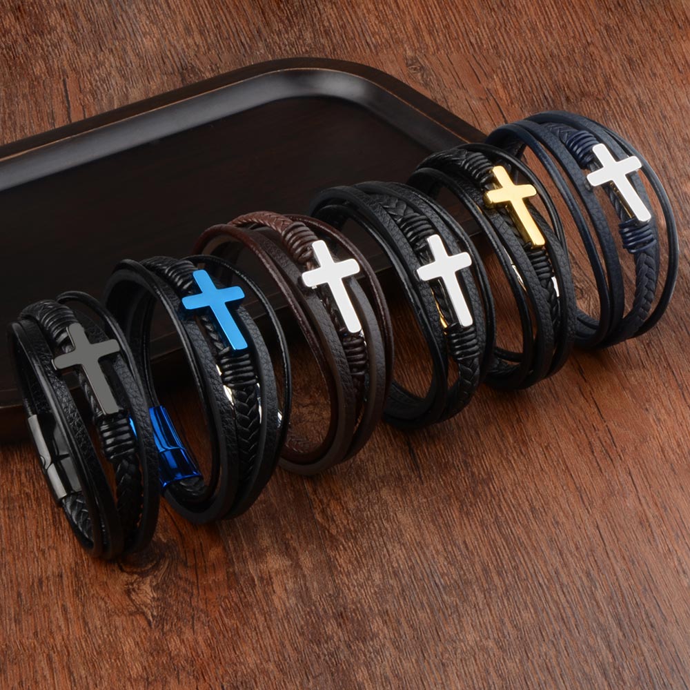 Classic Design Cross Bracelets Men Genuine Leather Stainless Steel Magnet Clasp Charms Hand Bracelet Homme Men&#39;s Christmas Gifts
