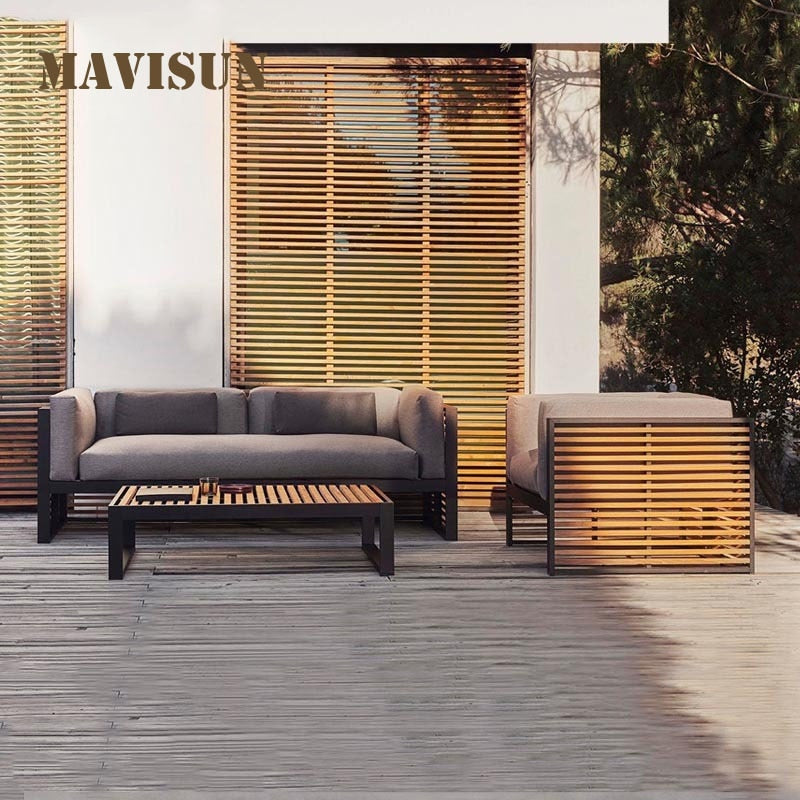 Outdoor Sofa Chair Living Room Waterproof Sunscreen Fabric Solid Wood Nordic Style Simple Leisure Furniture Combination