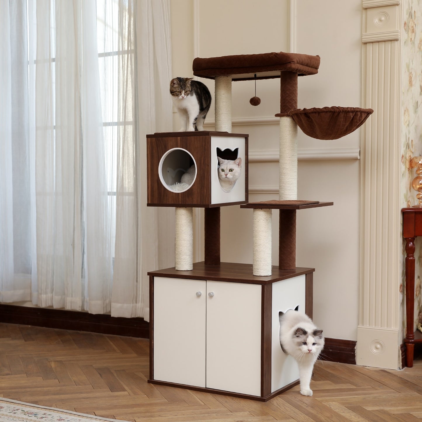 Luxury Cat Tree Tower with Cabinet Wood Adjustable Height Floor-to-Ceiling Vertical Cat Tree Post Toy rascador gato arbre à chat