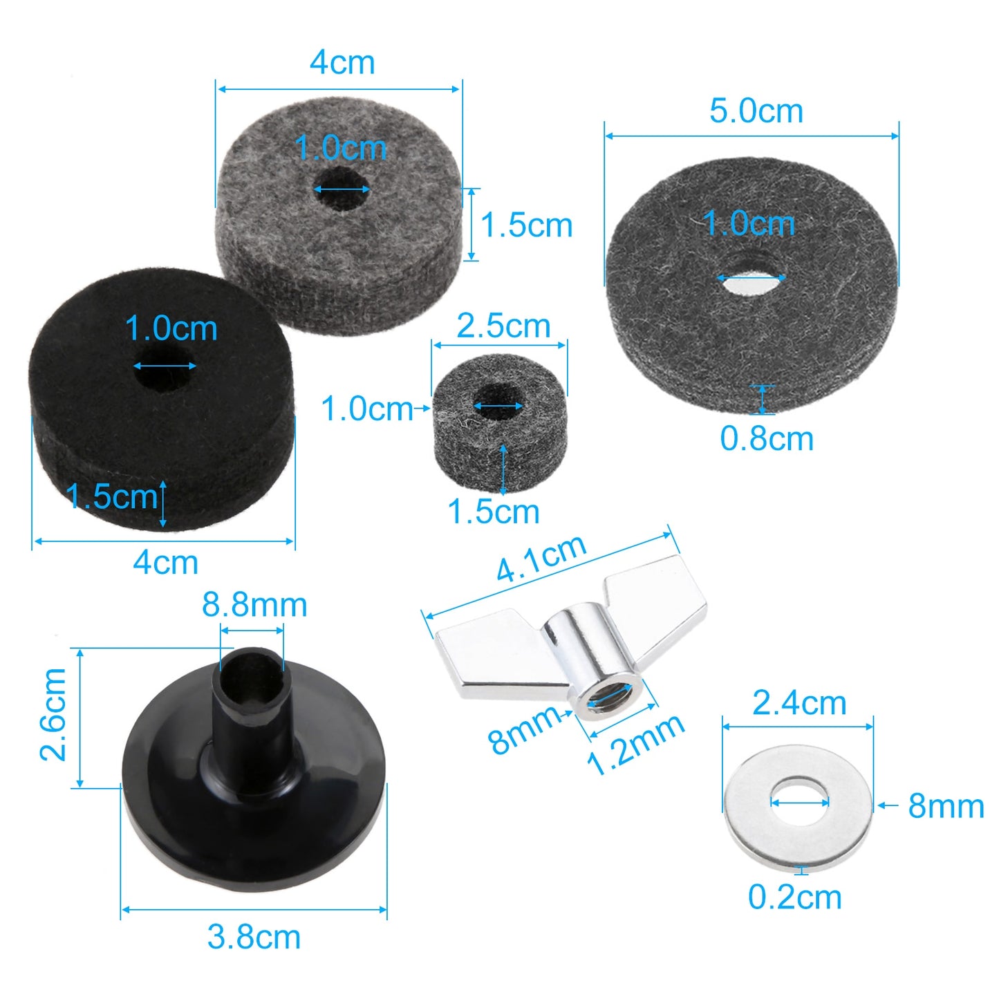 Cymbal Felts Hi-Hat Clutch Felt Hi Hat Cup Felt Cymbal Stand Sleeves with Base Wing Nuts and Cymbal Washer for Drum Set of 18Pcs