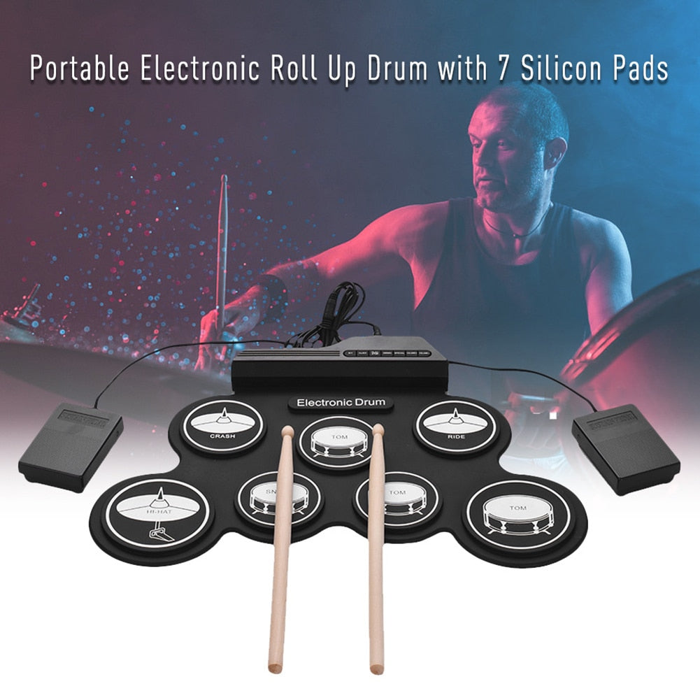 USB Electronic Drum Set With Drumsticks 7 Pads Portable Roll Up Silicone Drum for Music Lovers Playing Accessories