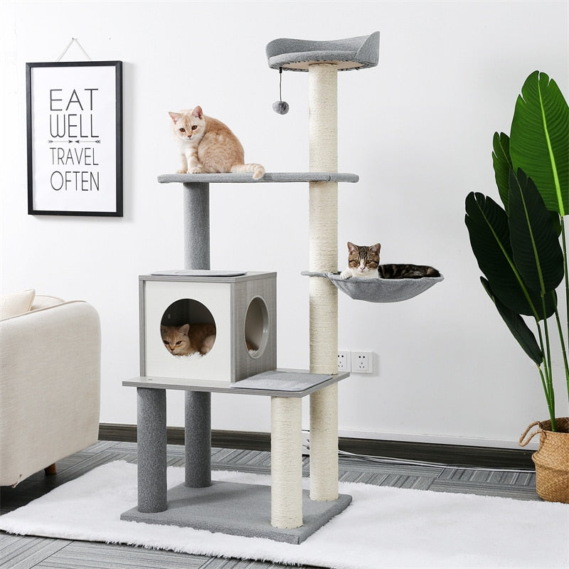 Luxury Cat Tree Tower with Cabinet Wood Adjustable Height Floor-to-Ceiling Vertical Cat Tree Post Toy rascador gato arbre à chat