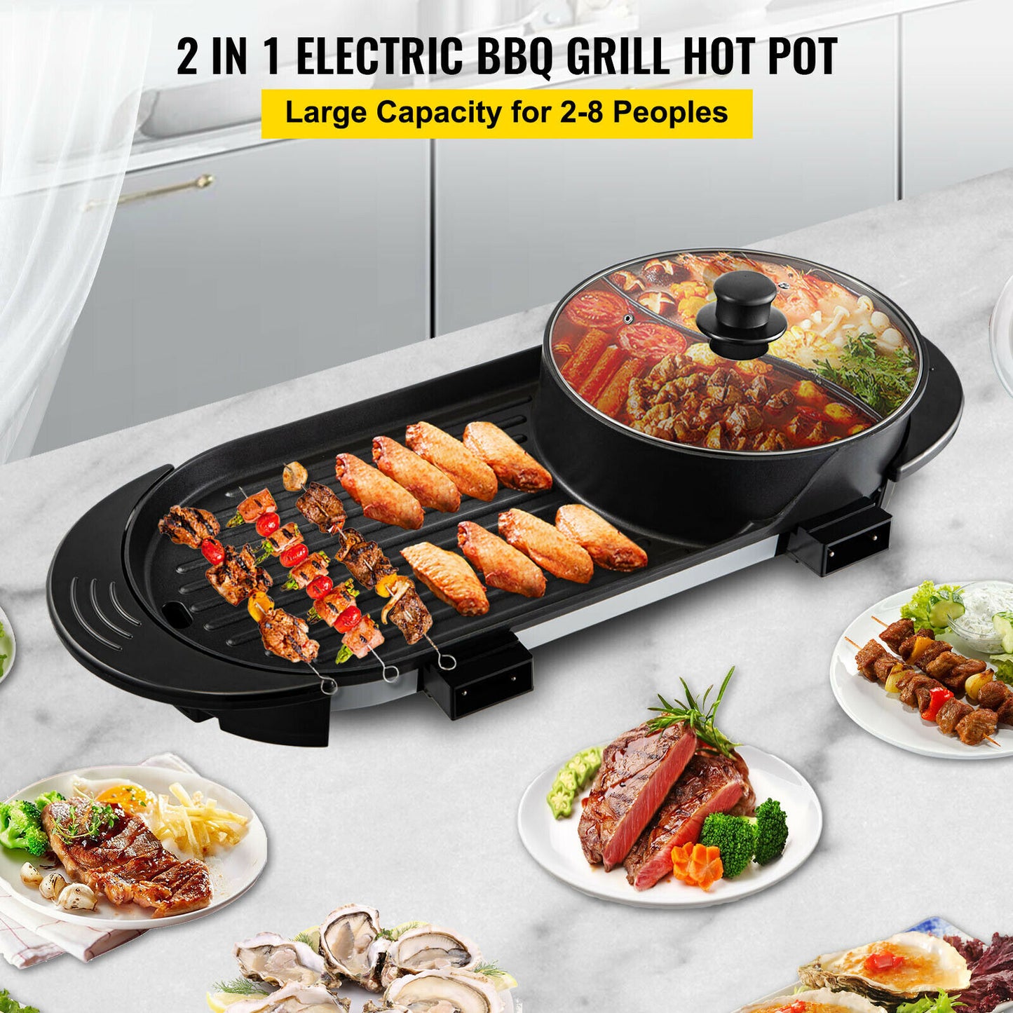 VEVOR 2 in 1 Electric BBQ Pan Grill Hot Pot Portable Smokeless Durable Material Fast Even Heated for Shellfish Vegetables Home