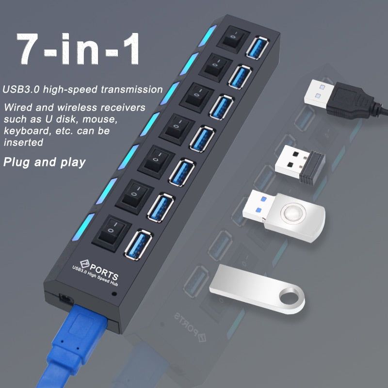 USB Hub 3.0 Hub USB 3 USB 2.0 Multi USB Splitter Power Adapter 4/7 Port Multiple Expander 2.0 with Switch for PC Accessories