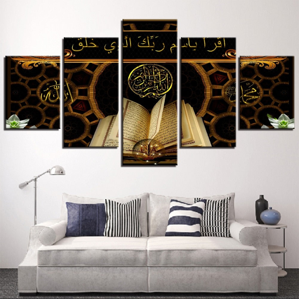 5 Pieces Wall Art Canvas Painting Islamic Quran Pictures Poster Home Modular Modern Living Room Bedroom Decoration Framework