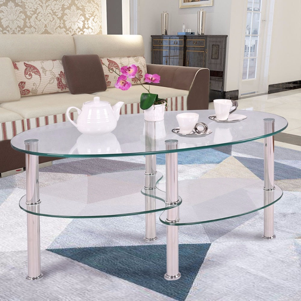 Goplus Tempered Glass Oval Side Coffee Table Shelf Chrome Base Living Room Clear Black Modern Coffee Table HW54317