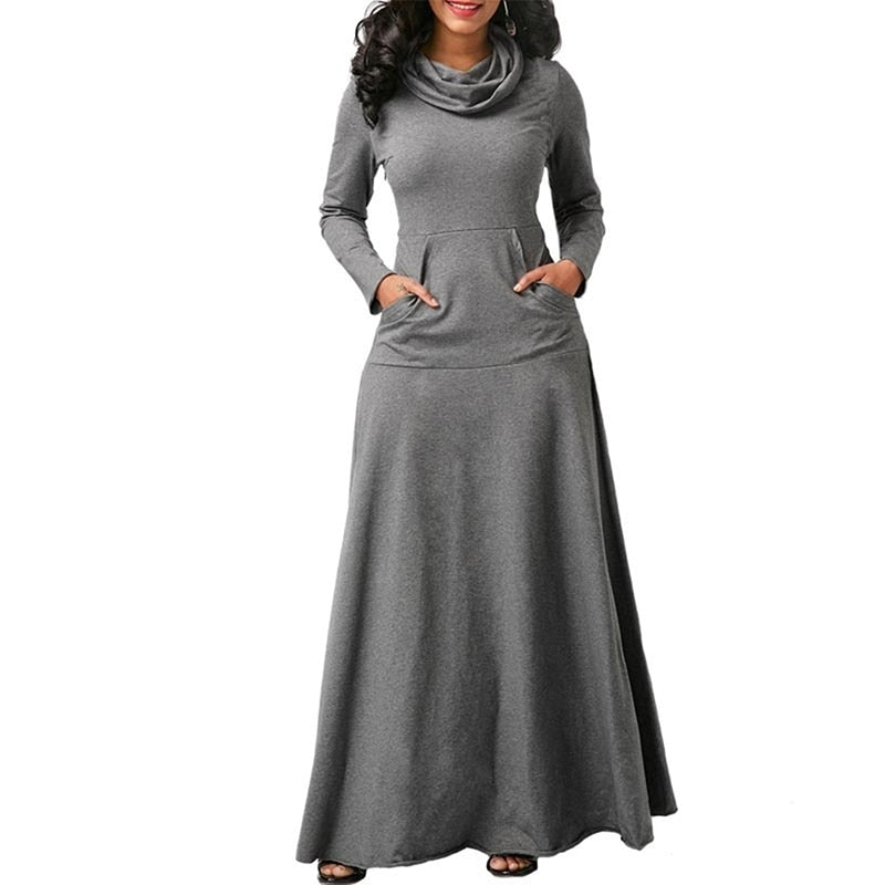 Women Long Sleeve Dress Large Size Elegant Long Maxi Dress Autumn Warm Turtleneck Woman Clothing With Pocket Plus Size Bigsweety
