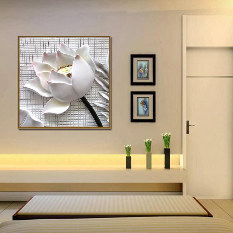 2PCS Modern 3D White Lotus Flowers HD Print Canvas Wall Art Pictures For Living Room The Paintings Abstract Modular Oil Painting