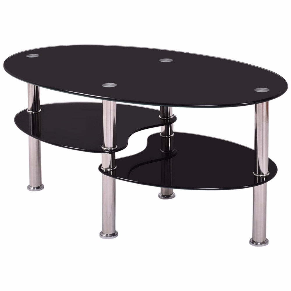 Goplus Tempered Glass Oval Side Coffee Table Shelf Chrome Base Living Room Clear Black Modern Coffee Table HW54317