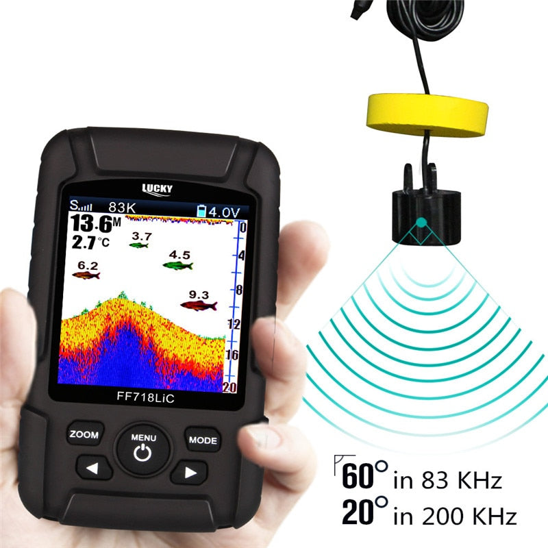 Russian menu!LUCKY FF718LiCD-T 2.8&quot; Color LCD Portable Fish Finder 200KHz/83KHz Dual Sonar Frequency 328ft Detection sonar