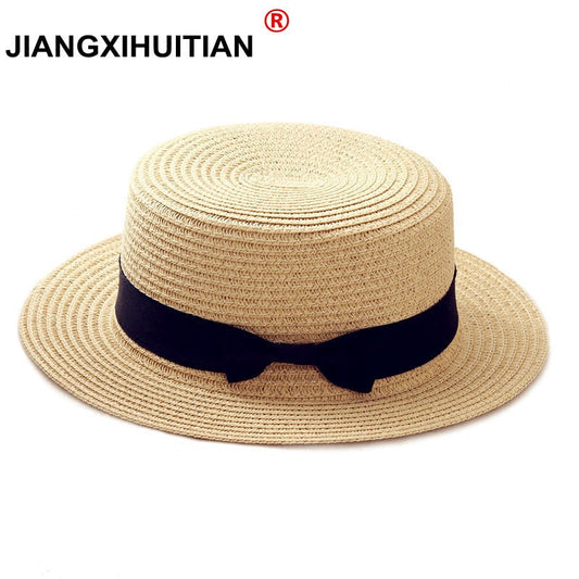 2022 simple Summer Parent-child Beach Hat Female Casual Panama Hat Lady Brand Women Flat brim Bowknot Straw cap girls Sun Hat