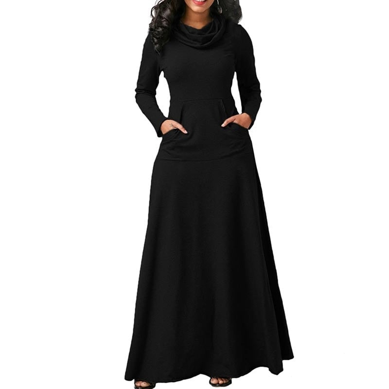 Women Long Sleeve Dress Large Size Elegant Long Maxi Dress Autumn Warm Turtleneck Woman Clothing With Pocket Plus Size Bigsweety