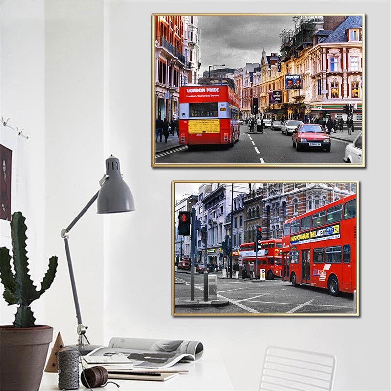 Modern England Black White Posters and Prints UK Flag and Red Bus Flat Iron Photos Wall Art Canvas Painting Pictures Home Décor