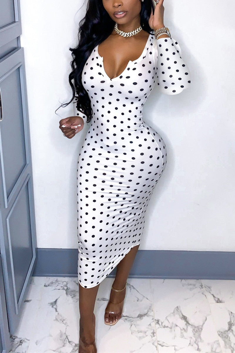 Sexy Deep V Low Cut Bodycon Midi Dress Vintage Women Polka Dot Sheath Dress Office Lady Skinny Long Sleeve Dress Autumn Spring