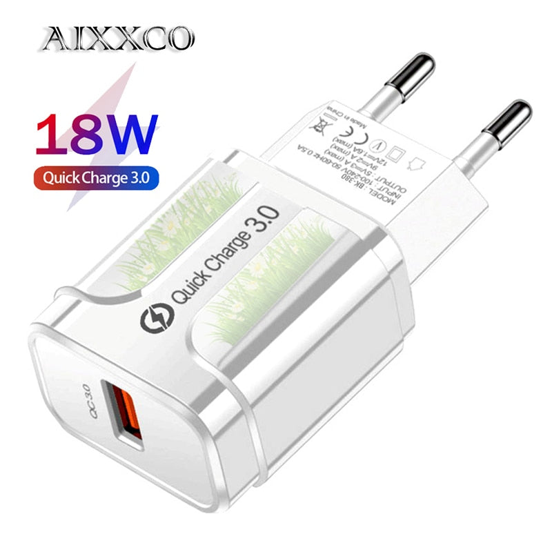AIXXCO 5V 2A EU Plug LED Light 2 USB Adapter Mobile Phone Wall PD Charger Device Quick Charge QC 3.0 Mobile Charger Fast Charger